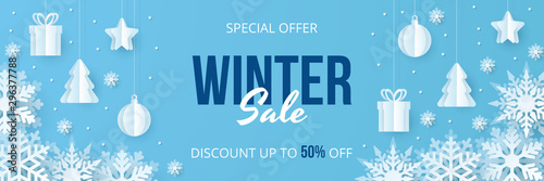Fotomural Winter sale banner. Paper cut vector. Vector Illustration.