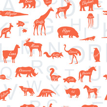 Seamless Pattern With Zoo Alphabet. Animal Alphabet. Isolated On White Background