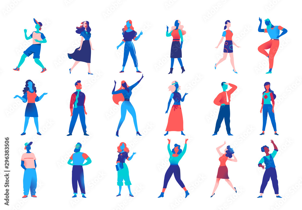 Collection of vector male and female characters for character animation. Company men women avatars isolated on white background. Vector illustration - obrazy, fototapety, plakaty 