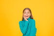 © be free - Amazing. Adorable girl beautiful face. Upbringing and education. Little girl. Small child yellow background. Child care concept. Girl smiling expression. Childrens shop store mall. Goods for teens