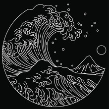 Japanese Great Wave Line Art In Round Shape Illustration. Ocean Of Kanagawa Style. Editable Stroke. 