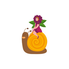 Sticker - woman disguised of flower sitting in snail vector illustration design