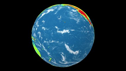 Wall Mural - Rotating Earth planet isolated on black background. Topographic relief, elevation mountain map. Seamless looping animation.
