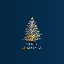 Merry Christmas Abstract Vector Classy Label, Sign Or Card Template. Hand Drawn Golden Pine Tree Sketch Illustration With Vintage Typography. Premium Blue Background