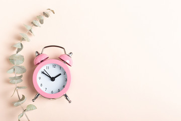 Small pink alarm clock and a sprig of eucalyptus on a pink background