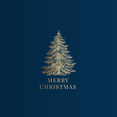 Wall Mural - merry christmas abstract vector classy label, sign or card template. hand drawn golden pine tree ske