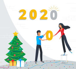 Wall Mural - Small business people are preparing for the New Year party in the office, corporate team building the new year gold numbers 2020 for new year celebration near the christmas tree with gift boxes.
