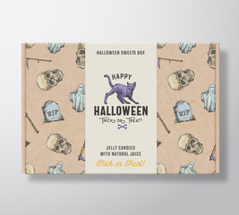 Wall Mural - halloween sweets pattern realistic cardboard box with banner. abstract vector packaging design or la