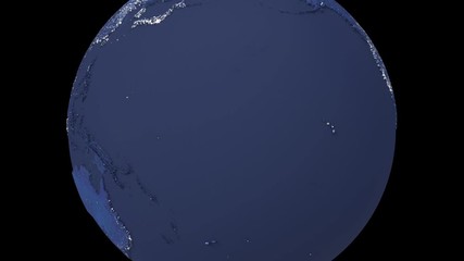 Wall Mural - Realistic night rotating Earth planet isolated on black background. Spinning dark 3d earth globe seamless looping animation.