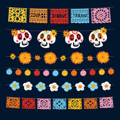 Wall Mural - set of dia de los muertos, mexican day of the dead garlands with lights, bunting flags, papel picado
