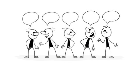 Sticker - Doodle stick figure: Cute miniature style, Crowd of people with speech bubbles, business teamwork and partnership concept, illustration vector design for infographic or other uses.