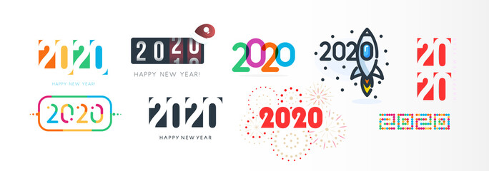 Aufkleber - New Year diverse unusual sign set for 2020 event decoration, logo graphic, creative emblem concept for banner, brochure, flyer, calendar, greeting card, event invitation. Isolated vector logotype.