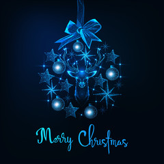 Wall Mural - Christmas greeting card with bauble made of stars, deer head, toys and ribbon bow on dark blue.