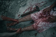 The woman was brutally being arrested and tortured in the leg. Women torture and need help, Halloween murder concept.