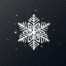 Glitter Silver Snowflake On Dark Transparent Background. Shining Christmas Design With Sparkles And Stars. Winter Holiday Luxury Decoration For Cards, Invitation, Poster, Banner. Vector Illustration