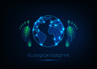 Wall Mural - ecological footprint concept with futuristic glow low polygonal planet earth and human foot prints.