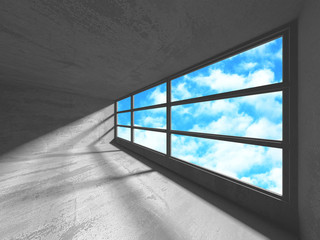 Concrete room wall construction on cloudy sky background