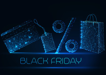 Black Friday sale concept with glowing low poly shopping bag, price tag, percentage and credit card