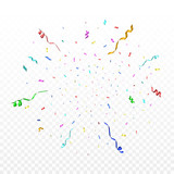 Fototapeta Uliczki - Colorful celebration confetti and streamer ribbon. Festive illustration for holiday design.