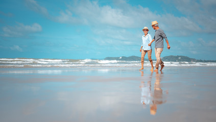 Senior couples walking hand in hand on the beach at sunny day, plan life insurance with the concept of happy retirement.