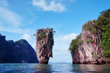 Travel by Thailand. Amazing scenery natural landscape of James Bond island Phang-Nga bay, Water tours of Phuket, Famous landmark and famous travel destination of Asia, Summer holiday vacation trip.