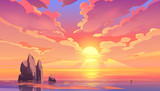 Fototapeta Miasto - Sunset or sunrise in ocean, nature landscape background, pink clouds flying in sky to shining sun above sea with rocks sticking up of water surface. Evening or morning view Cartoon vector illustration