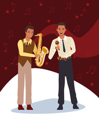 Wall Mural - cartoon musician with maracas and saxophonist, Jazz music band design