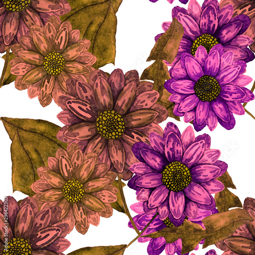 Watercolor seamless pattern with hand drawn meadow flowers. Vintage floral pa...