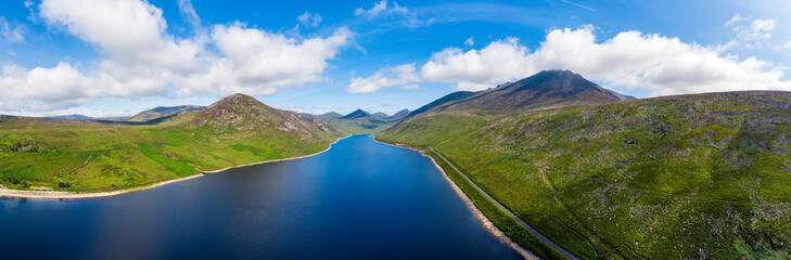 aerial panoramic view of sunset reservoir in mourne mountain area ,northern ireland