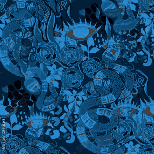 Creative seamless pattern with hand drawn snakes, lips, eyes, roses, leopard ...