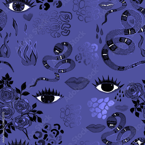 Creative seamless pattern with hand drawn snakes, lips, eyes, roses, leopard ...