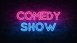 comedy show neon sign. purple and blue glow. neon text. Brick wall lit by neon lamps. Night lighting on the wall. 3d illustration. Trendy Design. light banner, bright advertisement