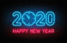Happy New Year 2020. Neon Sign, Glowing Text 2020 With Clock Inside. New Year And Christmas Decoration. Neon Light Effect For Background, Banner, Poster And Greeting Card