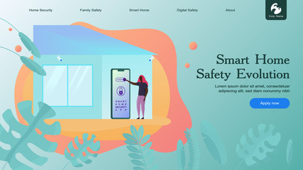 Creative website design template: smart home security, remote wireless house control. Vector flat illustration concepts of web page for desktop and mobile development or poster banner layout