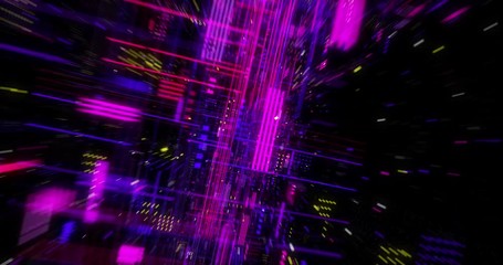 Poster - Virtual data on digital screen display, future technology and programming concept. Flying futuristic central processing unit. electronic circuitry within a computer. Seamless loop, 3D render