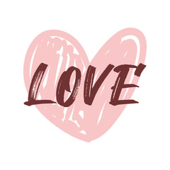 Heart doodle icon with love text calligraphy