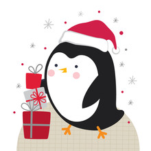 Cute Little Penguin With Some Christmas Gift On White Background,