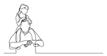 Continuous Line Drawing Of Happy Father Carrying His Daughter Girl On His Shoulders
