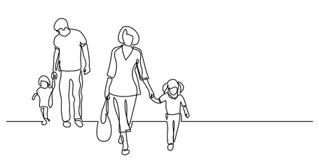 Canvas Print - continuous line drawing of family of four walking on street holding hands