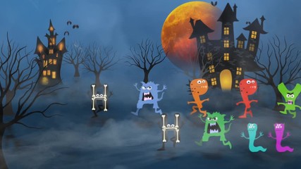Canvas Print - happy halloween monster style 4k loop features a cartoon scary scene with monster text running into 