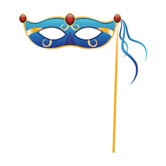 Sticker - Mardi gras mask on stick icon, flat design