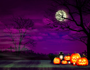 Wall Mural - Dark purple night haunted graveyard and the moon with branches tree and flying bats on Halloween day and Jack-o-lantern on the wood plank board with lamp and red candle and the black cat.