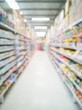 Blurred shelves in supermarket. View of aisle row of product. Business blur background.