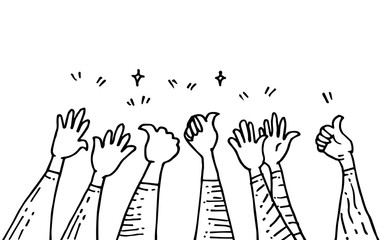 Wall Mural - hand drawn of hands clapping ovation. applause, thumbs up gesture on doodle style , vector illustration