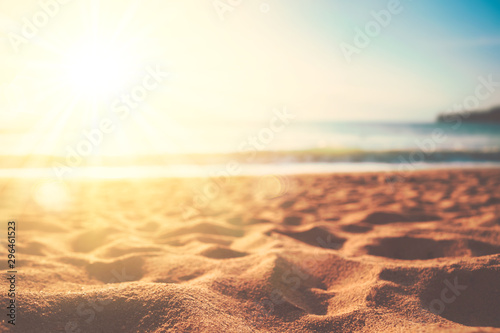 Fotomural Copy space of soft sand sea and blur tropical beach with sunset sky and cloud abstract background