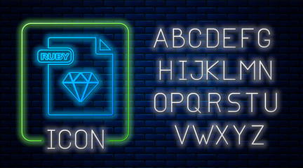 Glowing neon RUBY file document. Download ruby button icon isolated on brick wall background. RUBY file symbol. Neon light alphabet. Vector Illustration