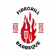 Wall Mural - grill fork spatula fire flame logo badges label vector icon illustration