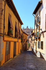 Traditional old Spanish street, in the historic city of Toledo, Spain.