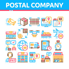 Canvas Print - Postal Transportation Company Icons Set Vector Thin Line. Hotline Support And Postal Building, Ship And Airplane, Drone Delivery And Truck Concept Linear Pictograms. Monochrome Contour Illustrations