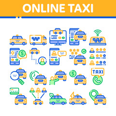 Poster - Online Taxi Collection Elements Icons Set Vector Thin Line. Taxi Truck And Car, Mobile Application, Web Site And Human Silhouette Concept Linear Pictograms. Monochrome Contour Illustrations